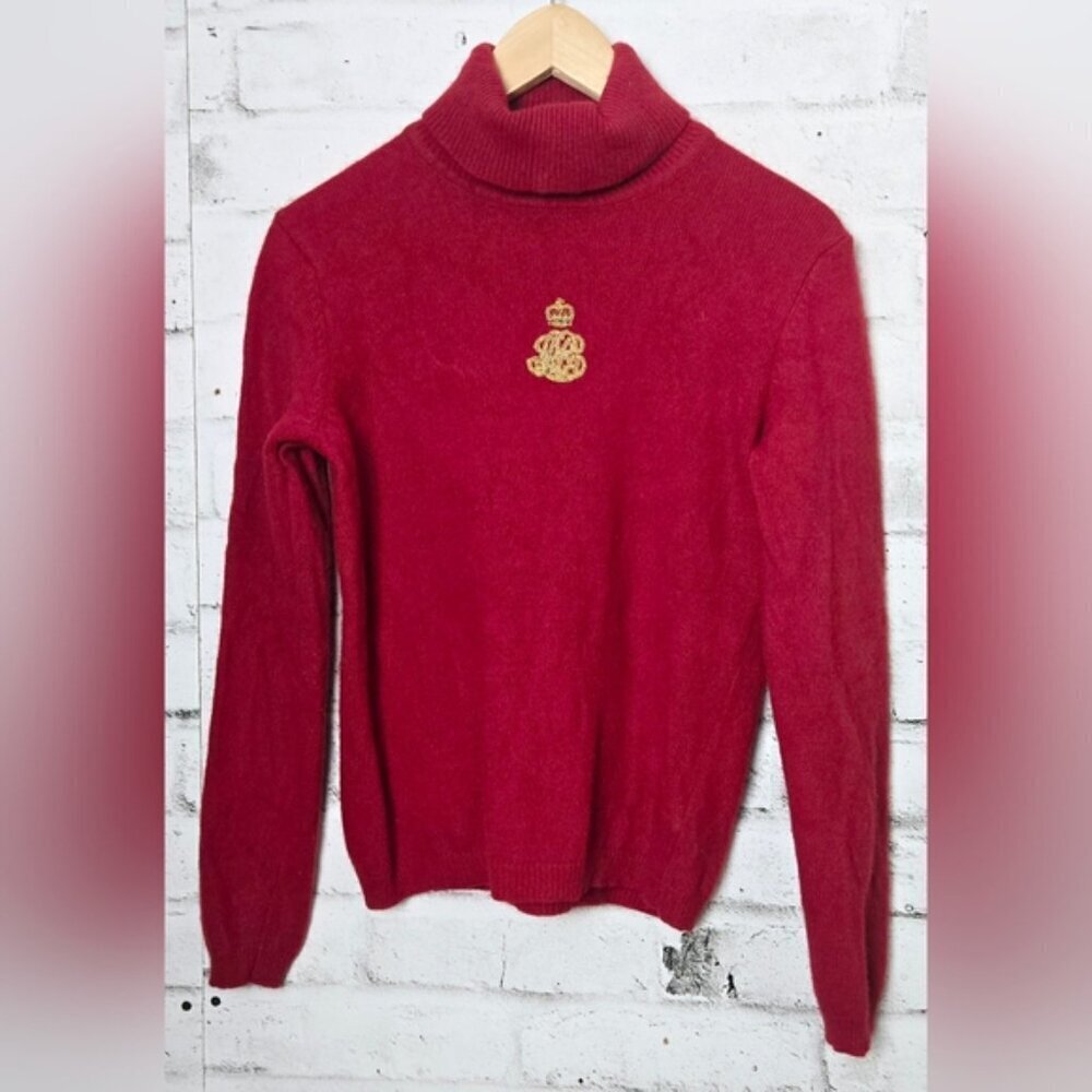Lauren Ralph Lauren Red Wool Angora Cashmere Crest Turtleneck Sweater LG